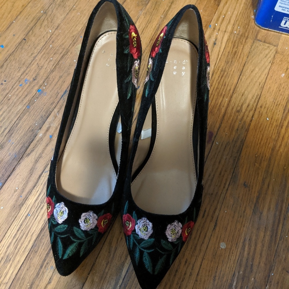 Embroidered Floral and Velvet Heels